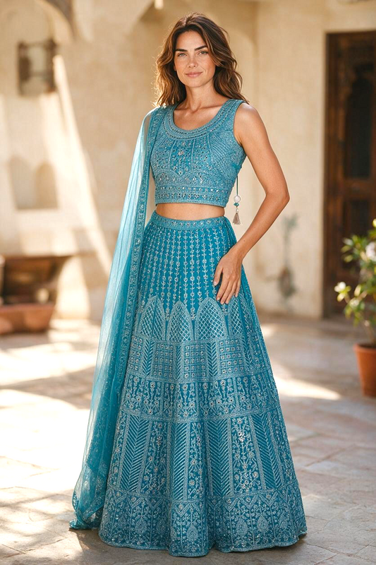 Baby blue embroidered lehenga with original mirror work