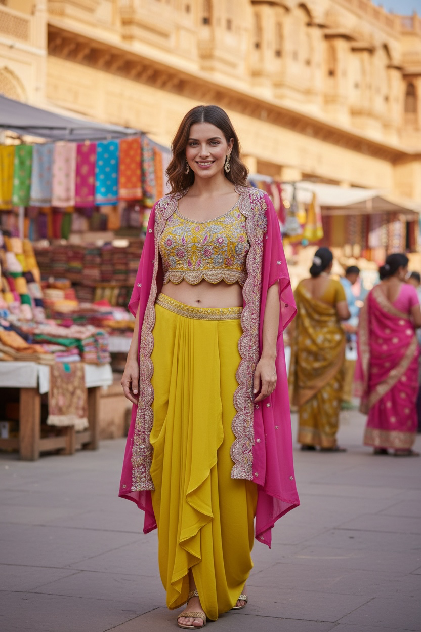 Designer Cape Style w/Dhoti Pants & Fancy Blouse in Yellow & pink Color