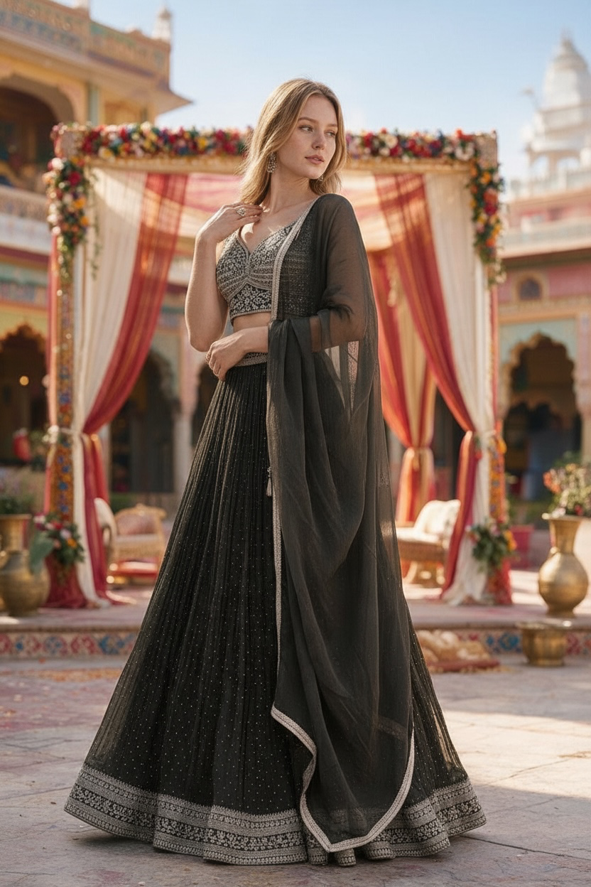 Bottle green embroidered lehenga