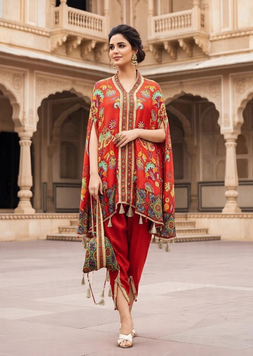 Beautiful modern looking kaftan with tulip pant & potli purse