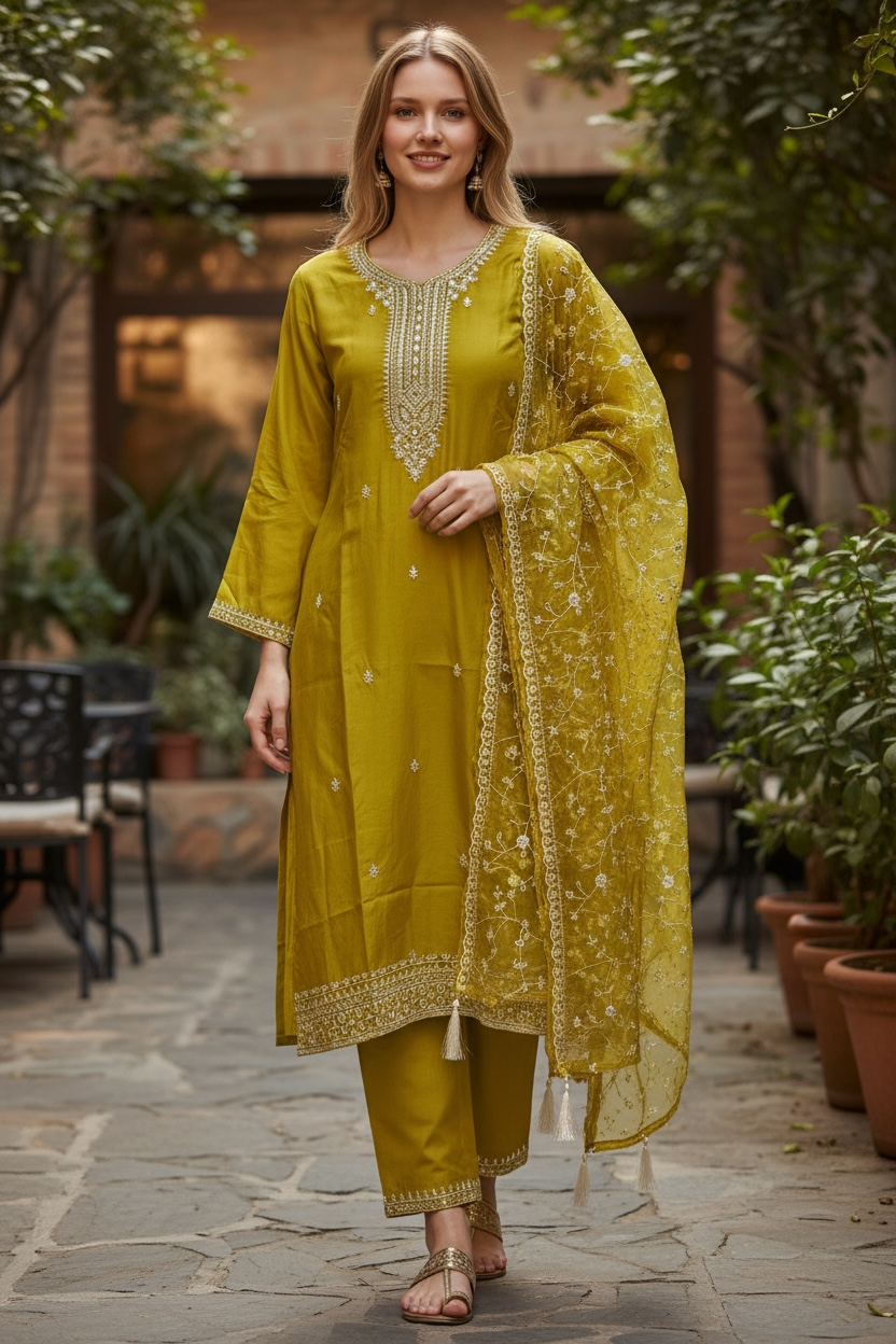 Mustard yellow Straight Suit w/fully work orzanga Dupata