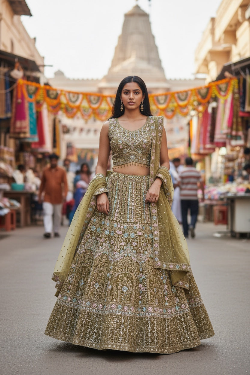 Mehendi Green color lehenga with multicolor thread work with original mirror