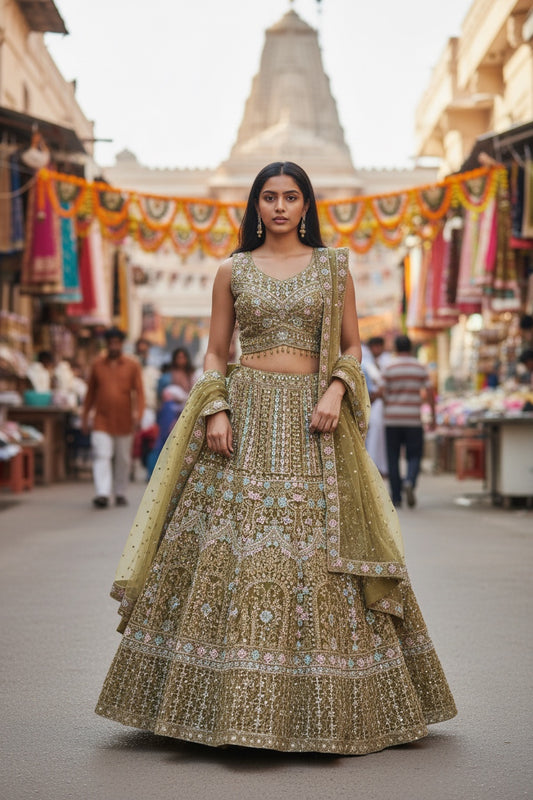 Mehendi Green color lehenga with multicolor thread work with original mirror