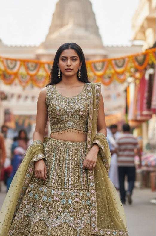 Mehendi Green color lehenga with multicolor thread work with original mirror