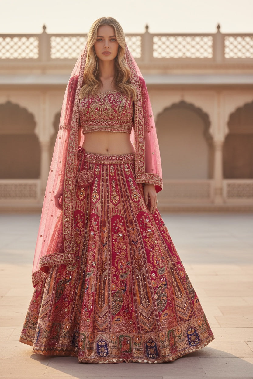 Magenta color Banarsi crop top Lehenga