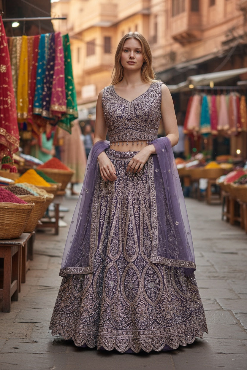 Purple color mirror work Bridal lehenga