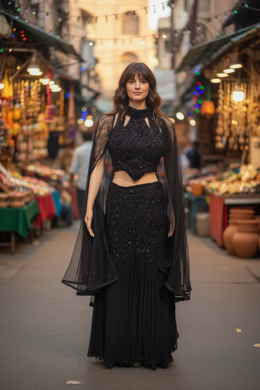 Modern look Black color Fishcut Lehenga