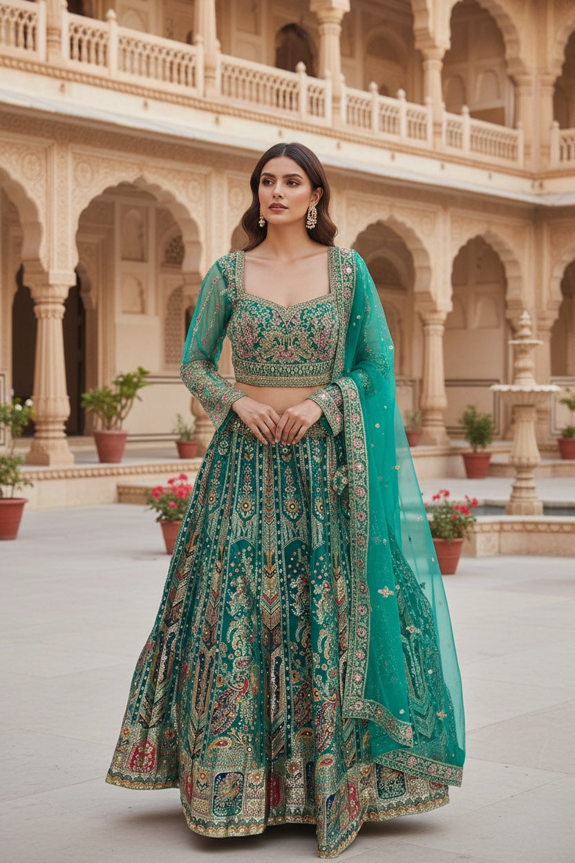 Green color Banarsi crop top Lehenga