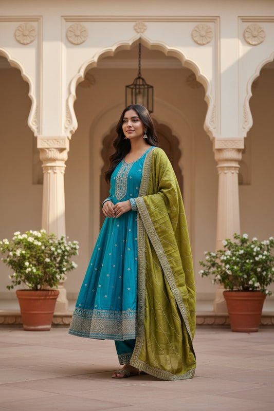 Blue color anarkali with contrast Mehendi green Dupata