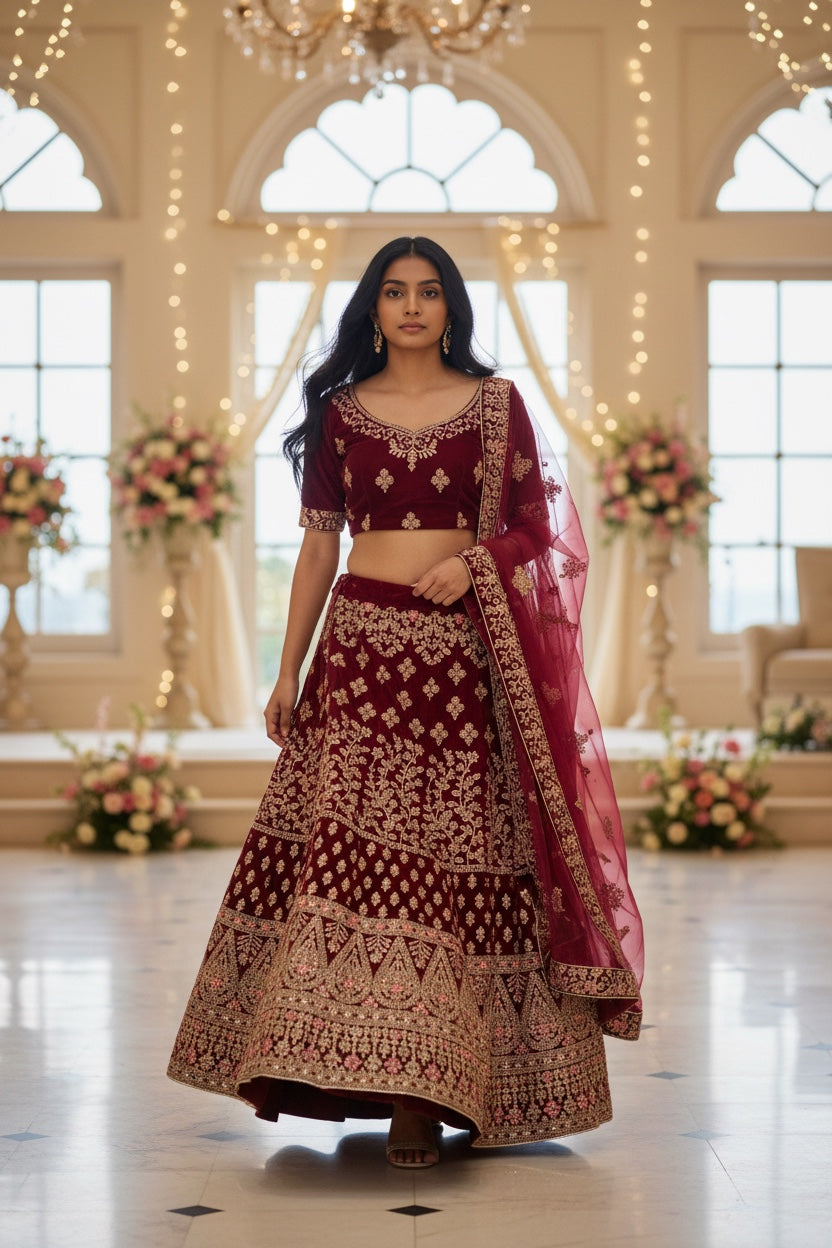 Beautiful bridal lehenga in mehroon  color