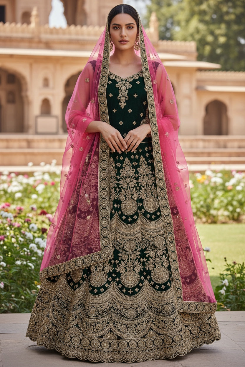 Beautiful bridal lehenga in Dark Green color