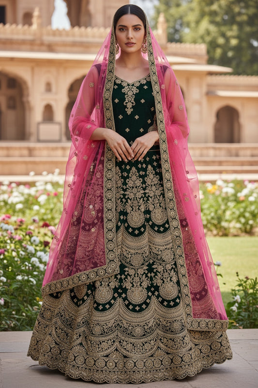Beautiful bridal lehenga in Dark Green color