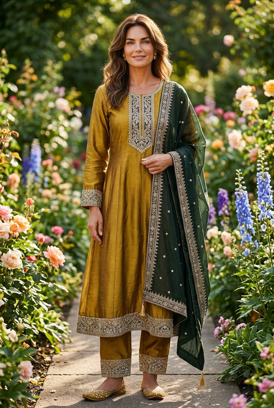 Mehendi green anarkali with contrast green Dupata