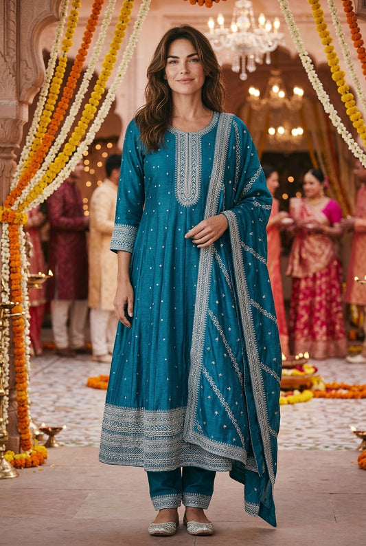 Beautiful blue anarkali with matching fully work Dupata
