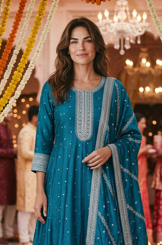 Beautiful blue anarkali with matching fully work Dupata