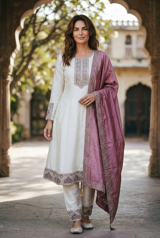 Beautiful cream anarkali with matching fully work Dupata