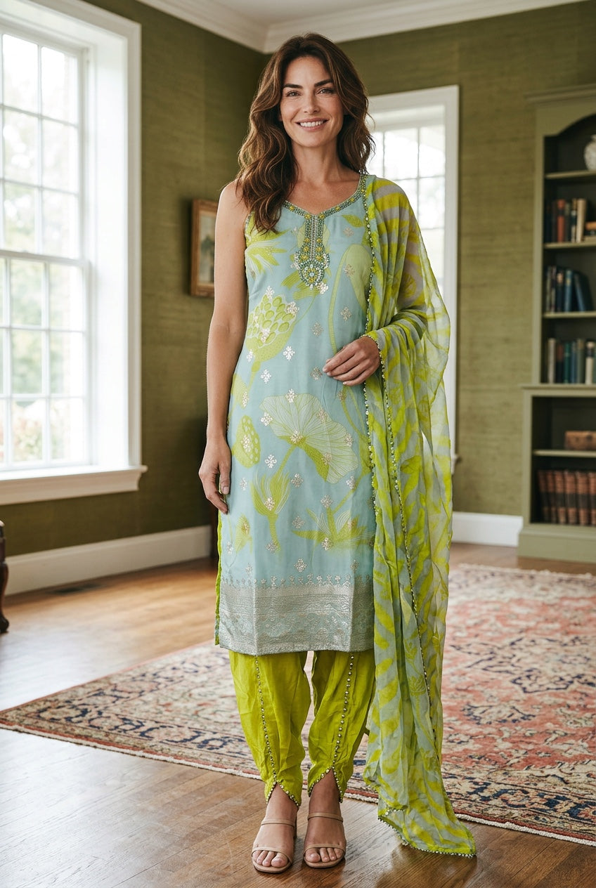 Beautiful modern looking strap suit with tulip pant