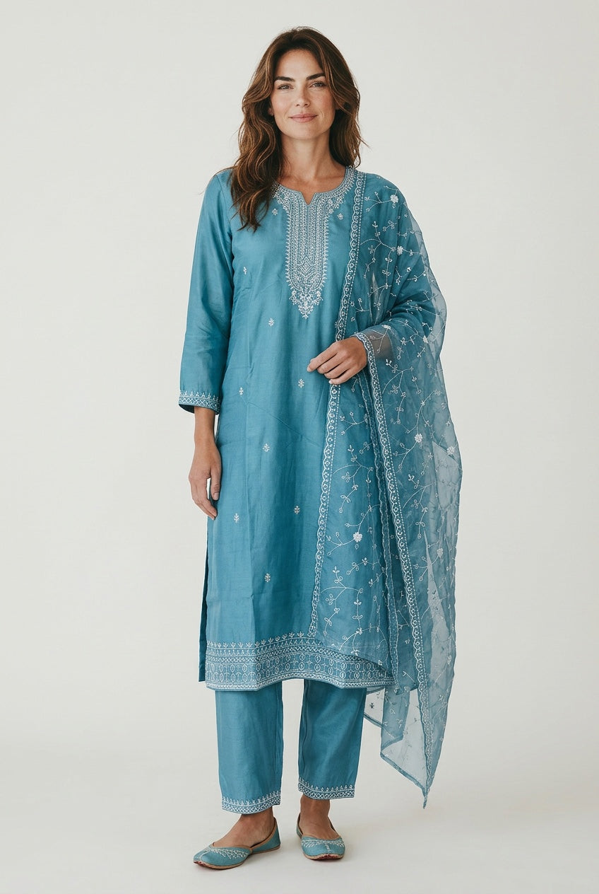 Beautiful Baby blue strait suit with matching fully work Dupata