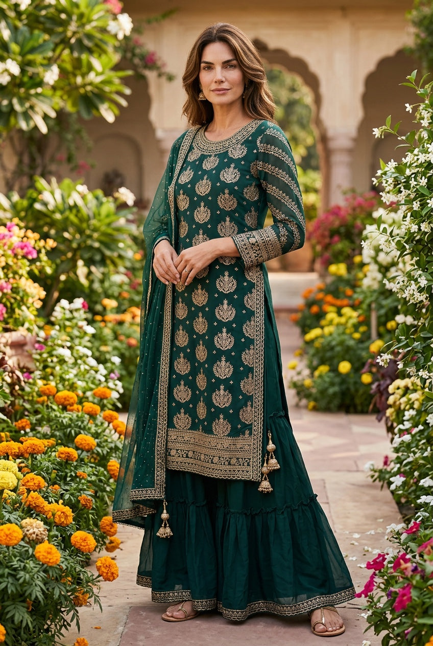 Green color big flair sharara pant with full sleeve long top