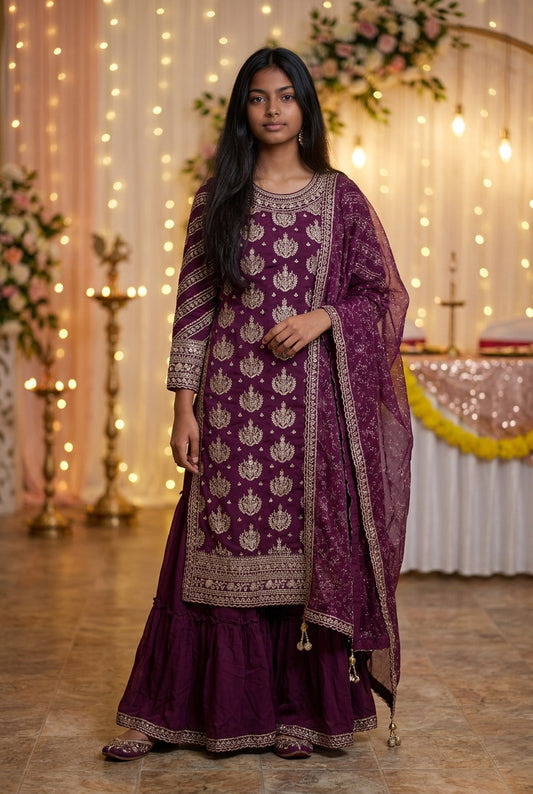 Purple color big flair sharara pant with full sleeve long top