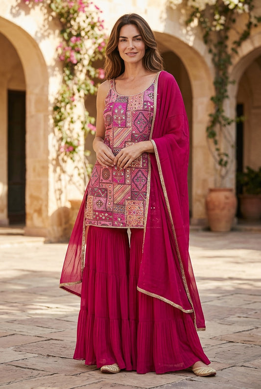 Magenta color  Strap top with big flair sharara pant