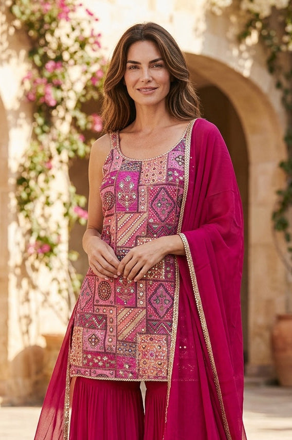 Magenta color  Strap top with big flair sharara pant