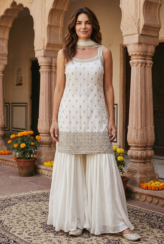 White color  Strap top with big flair sharara pant