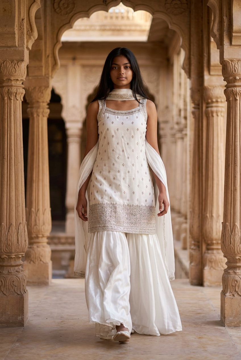 White color  Strap top with big flair sharara pant