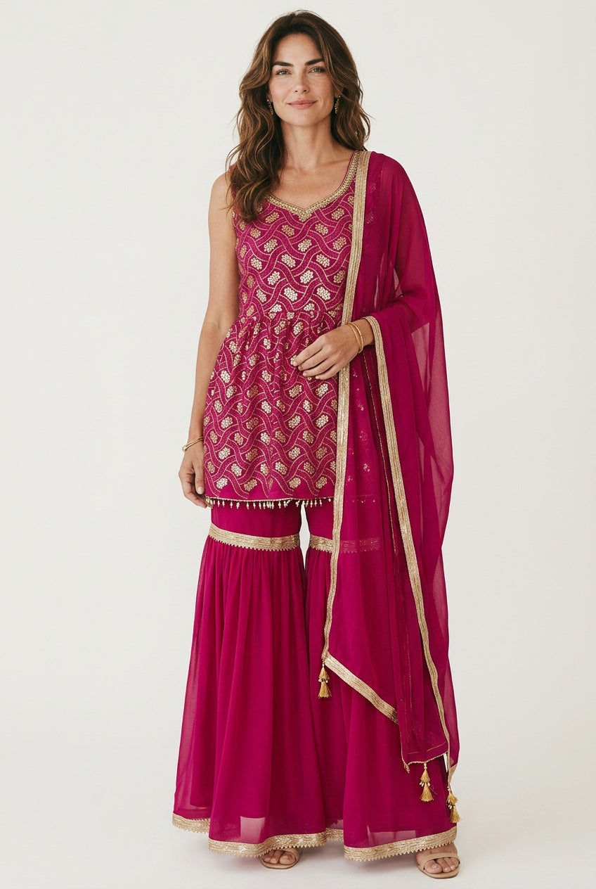 Hot Pink color sequin top with  sharara pant