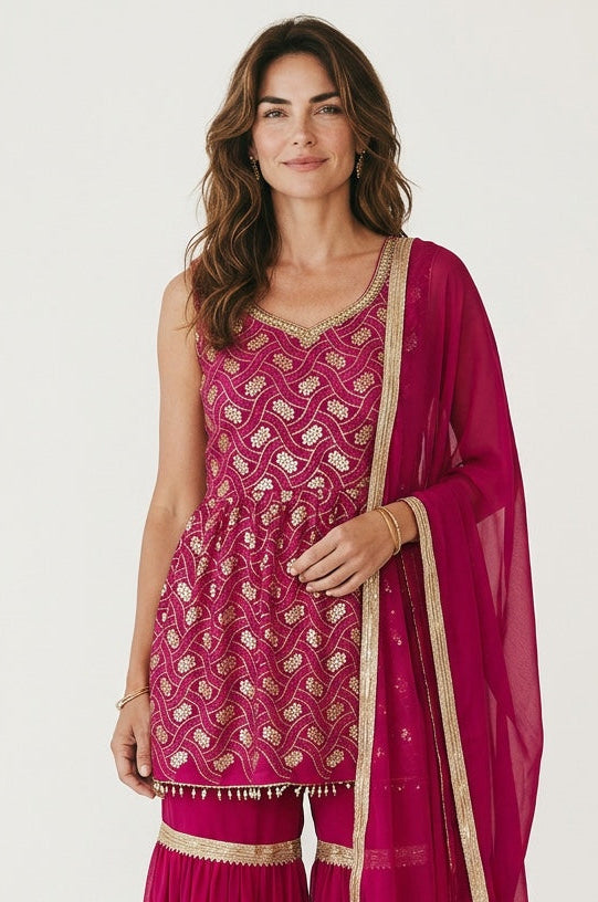 Hot Pink color sequin top with  sharara pant
