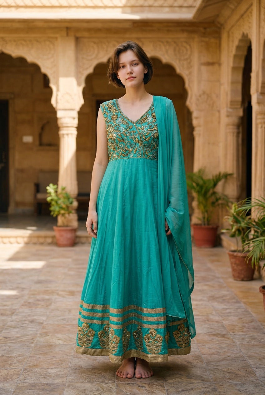Sage Green  anarkali with hand work touch on the top
