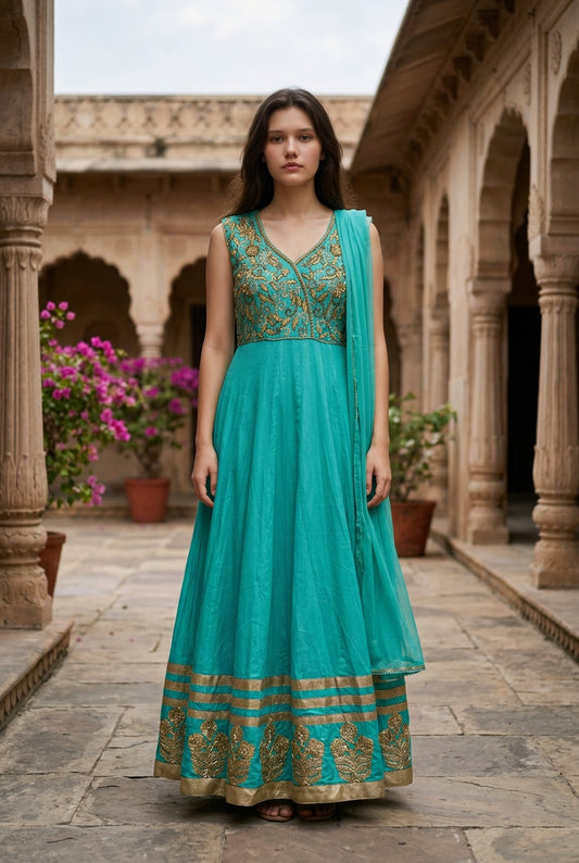 Sage Green  anarkali with hand work touch on the top