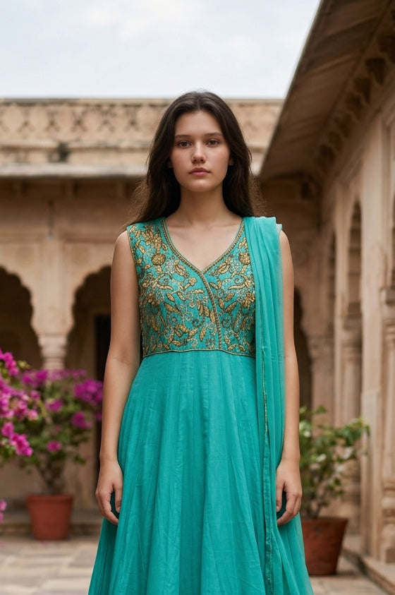 Sage Green  anarkali with hand work touch on the top
