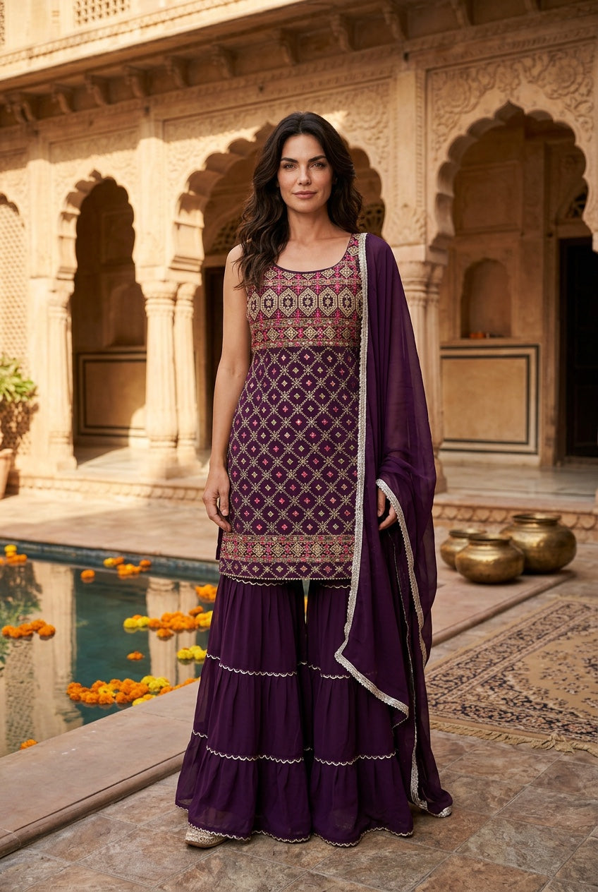 Deep Purple Color multicolor thread sequin top with  sharara pant