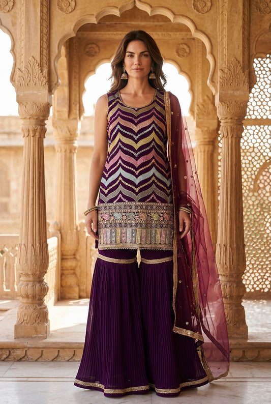 Purple color Multi thread sequin top with sharara pant
