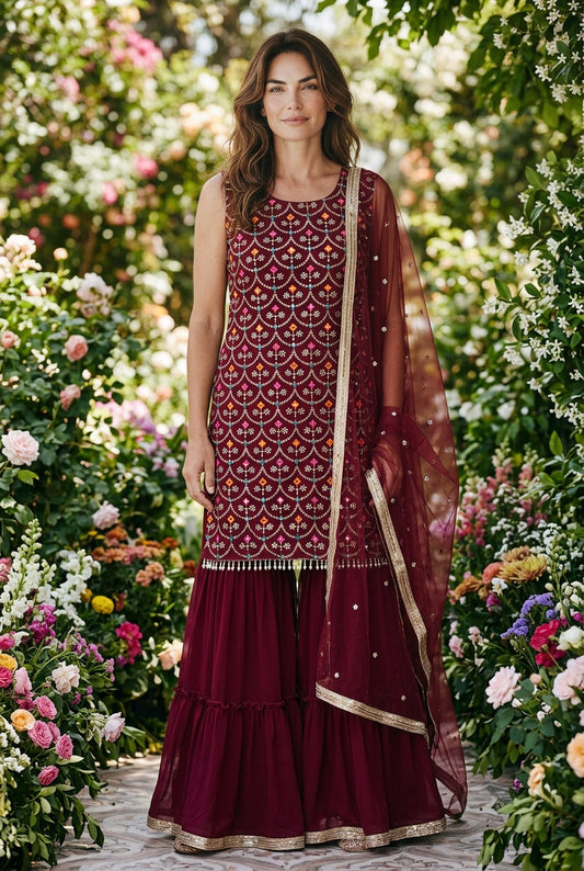 Mehroon color Multi thread sequin top with sharara pant