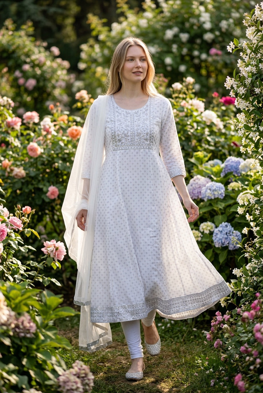 White color anarkali suit with straight pants