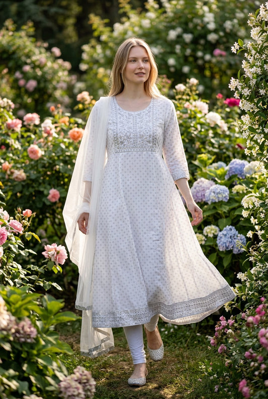 White color anarkali suit with straight pants