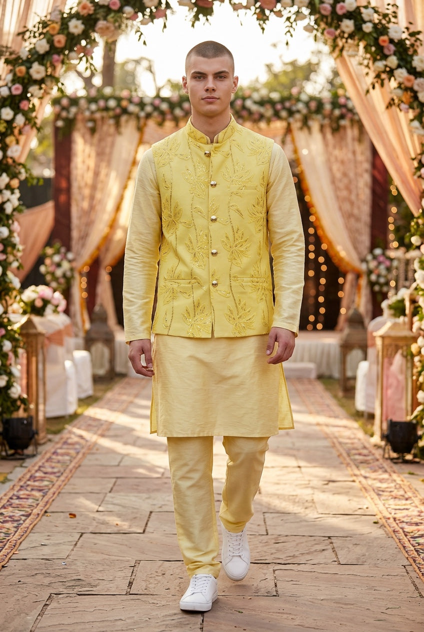Designer  Yellow Modi Nehru Jacket For Men | Waist Coat | Jacket for kurta