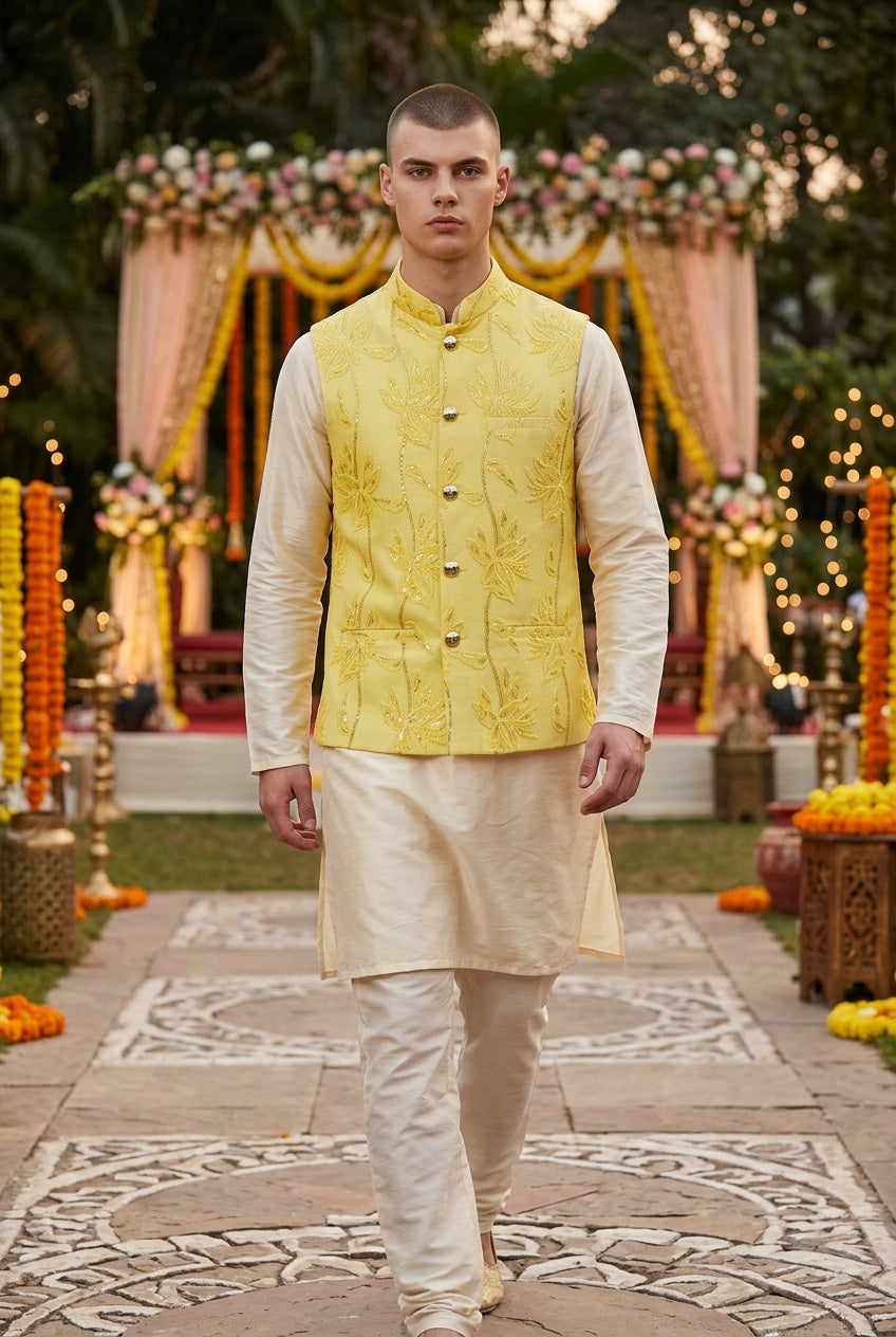 Designer  Yellow Modi Nehru Jacket For Men | Waist Coat | Jacket for kurta