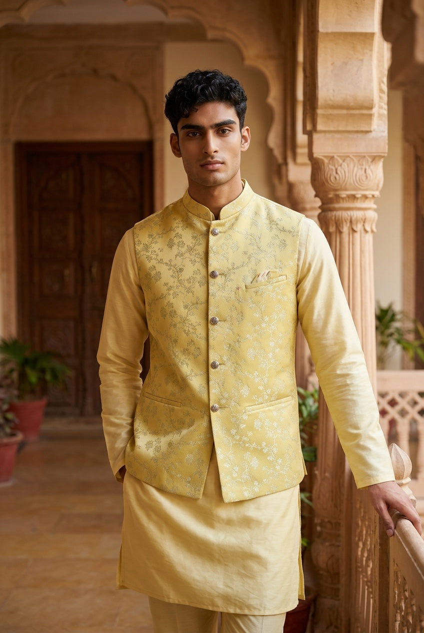 Designer Light yellow color Modi Nehru Jacket For Men | vest Coat | Jacket for kurta
