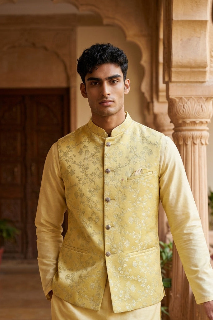 Designer Light yellow color Modi Nehru Jacket For Men | vest Coat | Jacket for kurta