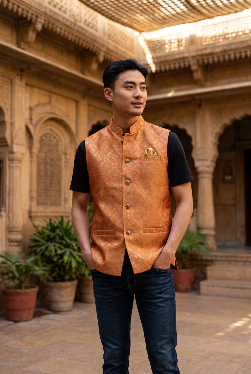 Designer  orange  Modi Nehru Jacket For Men | vest Coat | Jacket for kurta