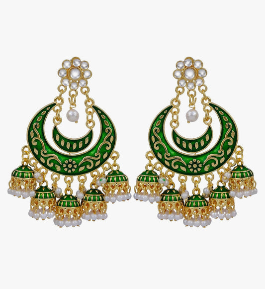 Green Meenakari Earrings on Gold toned background Along with Kundan Stones