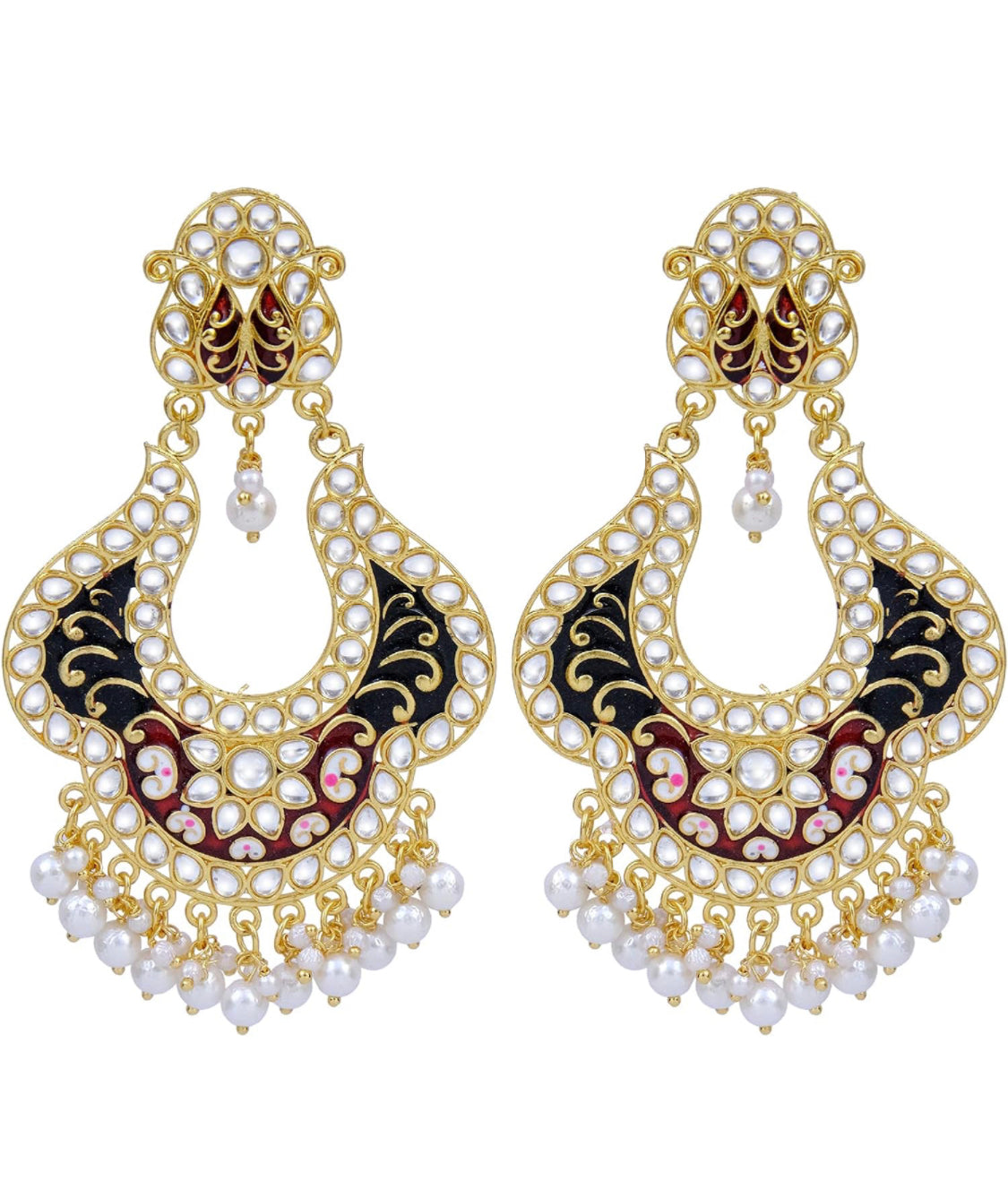 Mehroon Meenakari Earrings on Gold toned background Along with Kundan Stones