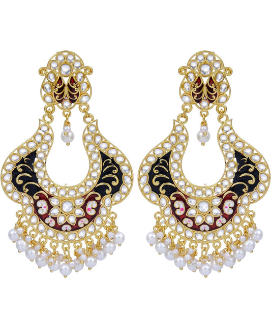 Mehroon Meenakari Earrings on Gold toned background Along with Kundan Stones