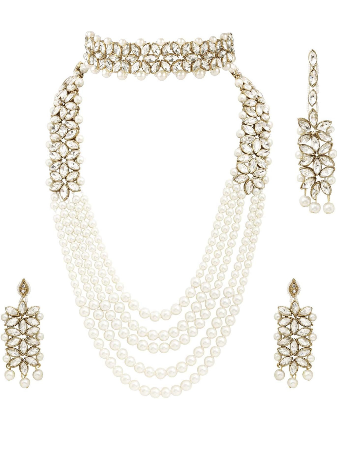 Jewelry Set, white  Pearls Necklace with small choker  Earrings, Indian Wedding Style (Copy)