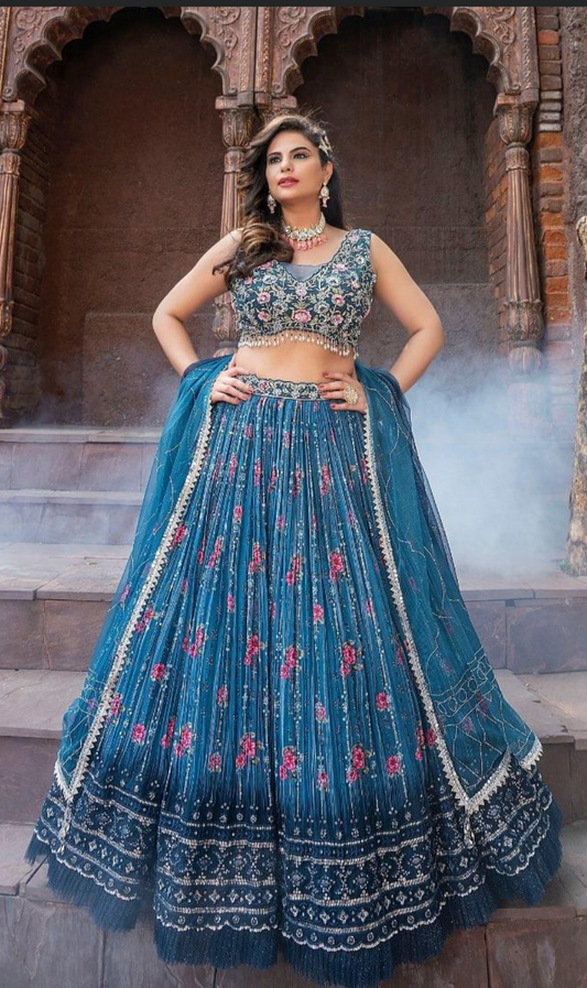 Light & Dark color Blue fully both side work embroidered & hand work  Lehenga