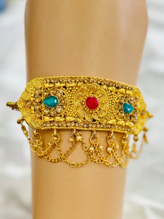 Traditional Gold-Plated Armlets for Women and Girls – Rajputi Bajuband with Beaded Loom, Adjustable Arm Jewelry, Rajwadi Armlets