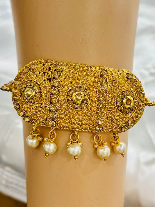 Traditional Gold-Plated Armlets for Women and Girls – Rajputi Bajuband with Beaded Loom, Adjustable Arm Jewelry, Rajwadi Armlets